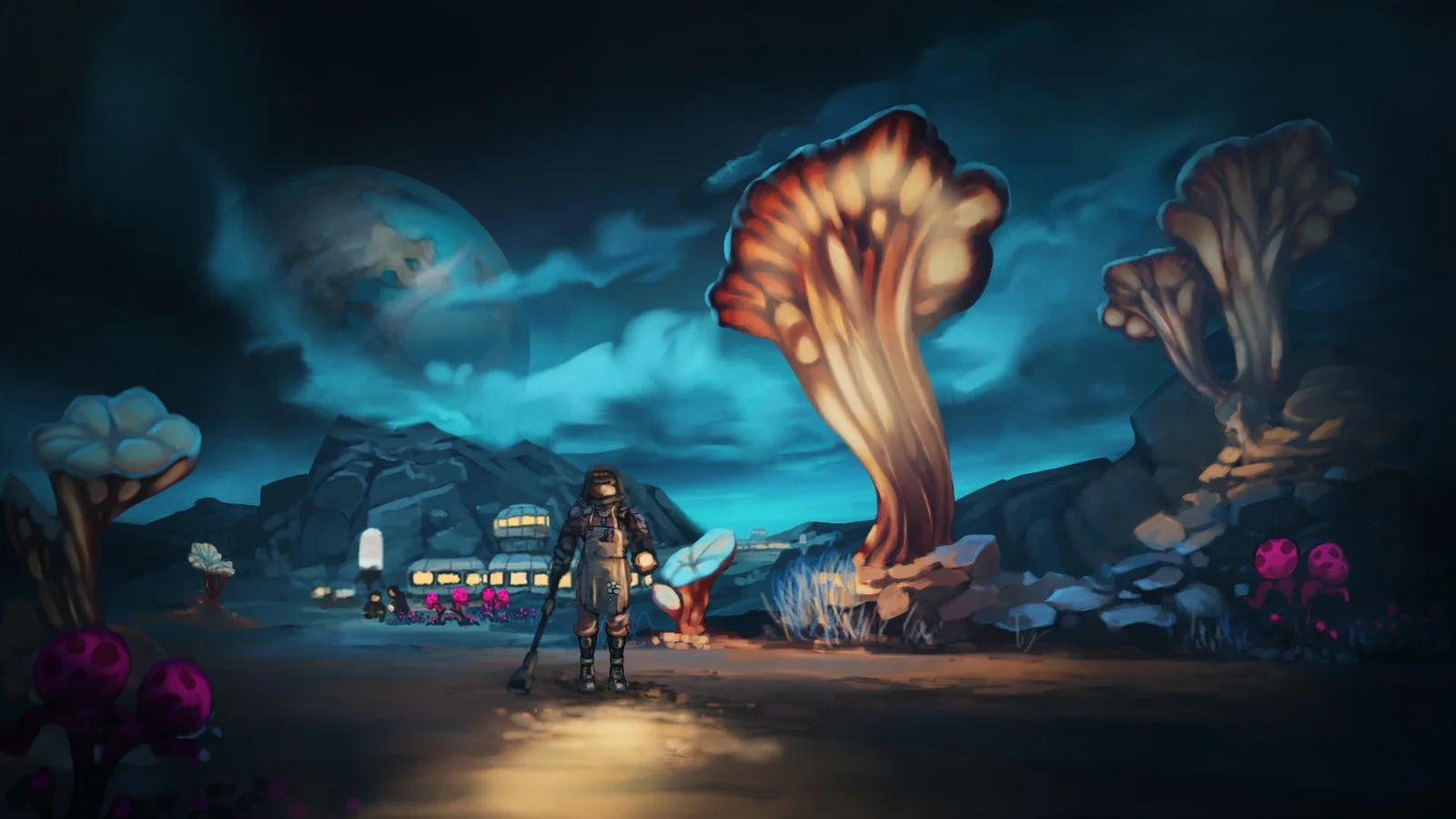 Botanist in a dark alien landscape with glowing plants
