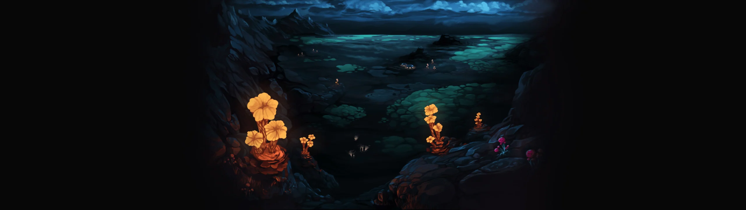 Dark alien plant world from Botanica with glowing flowers